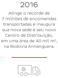 2016 - Atinge o recorde de 7 milhões de encomendas transportadas e inaugura sua nova sede e seu novo Centro de Distribuição, em uma area de 40 mil m2, na Rodovia Anhanguera.